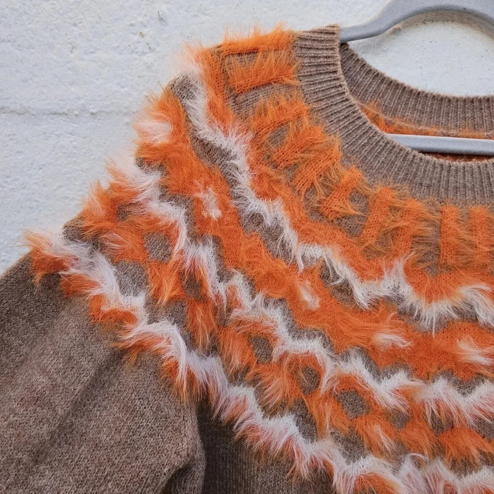 Andrew Marc Sweater XL Tan Orange‎ Fair Isle Eyelash Fringe Fuzzy Artsy Retro